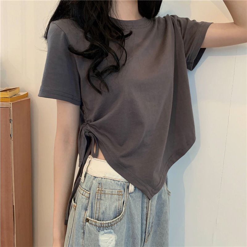 Irregular Drawstring Short Short-sleeved T-shirt Women's 2024 New Summer Korean-style Ins All-match Student Spice Girl Top