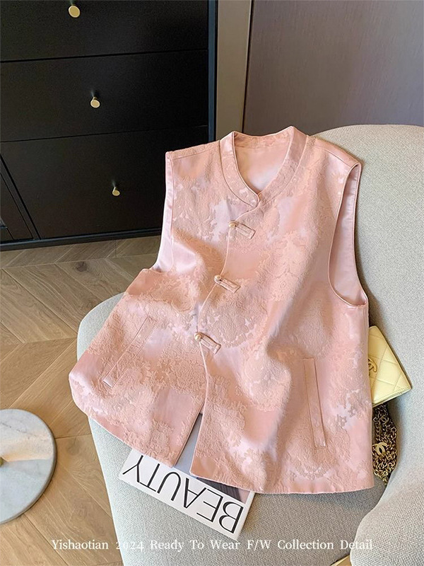 Pink New Chinese Style Dark Pattern Jacquard Slant-breasted Vest Women's 2025 Spring and Summer New Style National Style Elegant Sweet Waistcoat Vest