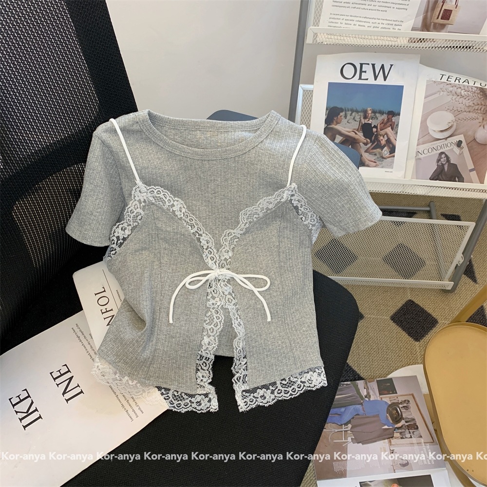 Picture of Pure Lace Stitching Lace Camisole Women's 2024 Summer New Shoulder Short-sleeved T-shirt Stacked Two-piece Set