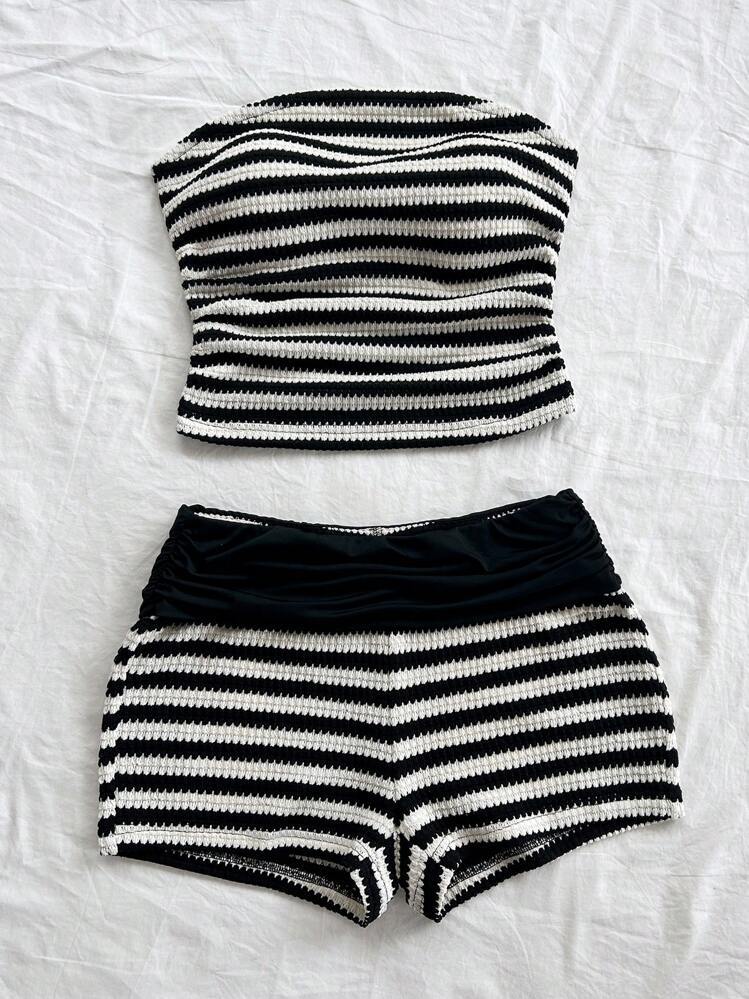 2025 Summer Cross-Border Export European and American Black and White Stripesd Tube Top Shorts Suit Slim Sexy Hot Pants Two-Piece Set for Women