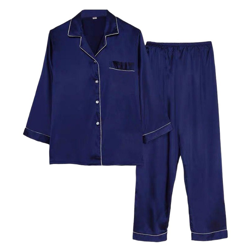 Spring and Autumn New Women's Simulated Silk Sexy Long Sleeve Cardigan Pajamas Plus Size Best Friend Home Clothes Two-Piece Set