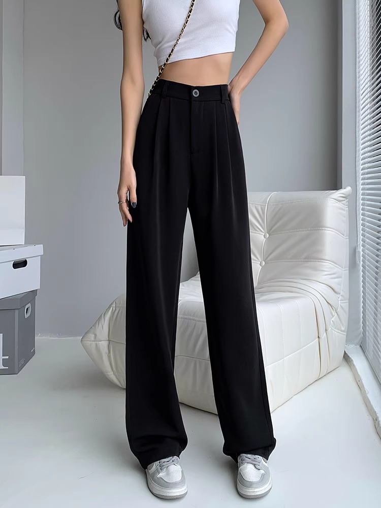 Women's Spring High-Waisted Drapey Thin Wide-Leg Pants Black Slimming Floor-Length Pants Petite Straight-Leg Casual Pants