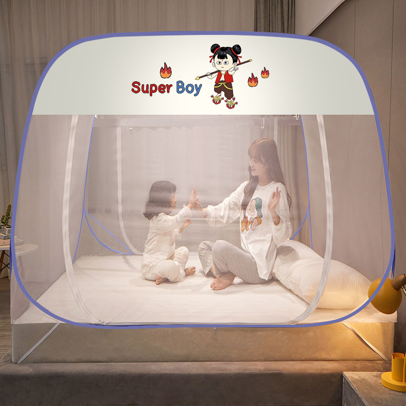 Mongolian Yurt Mosquito Net for 1.8m Beds, Installation-Free, Foldable, Household Use, for 1.5m Beds, Double-Door, Nezha Pattern, Anti-Mosquito