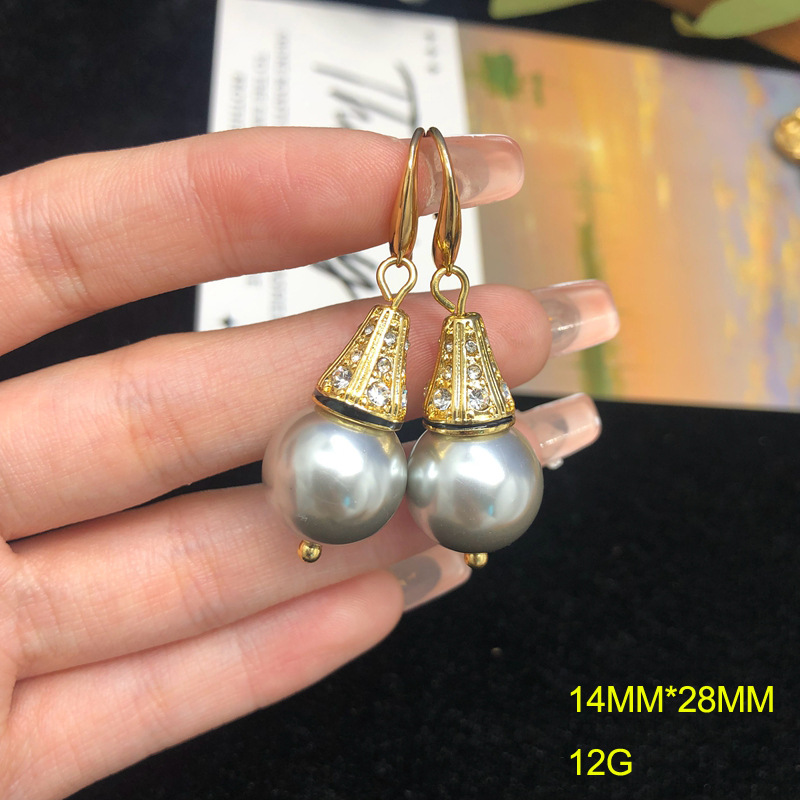 Picture of Middle Ancient Jewelry Grey Glass Pearl Necklace Earrings Set Diamond Plated Real Gold Magnetic Buckle Sweater Chain Joker