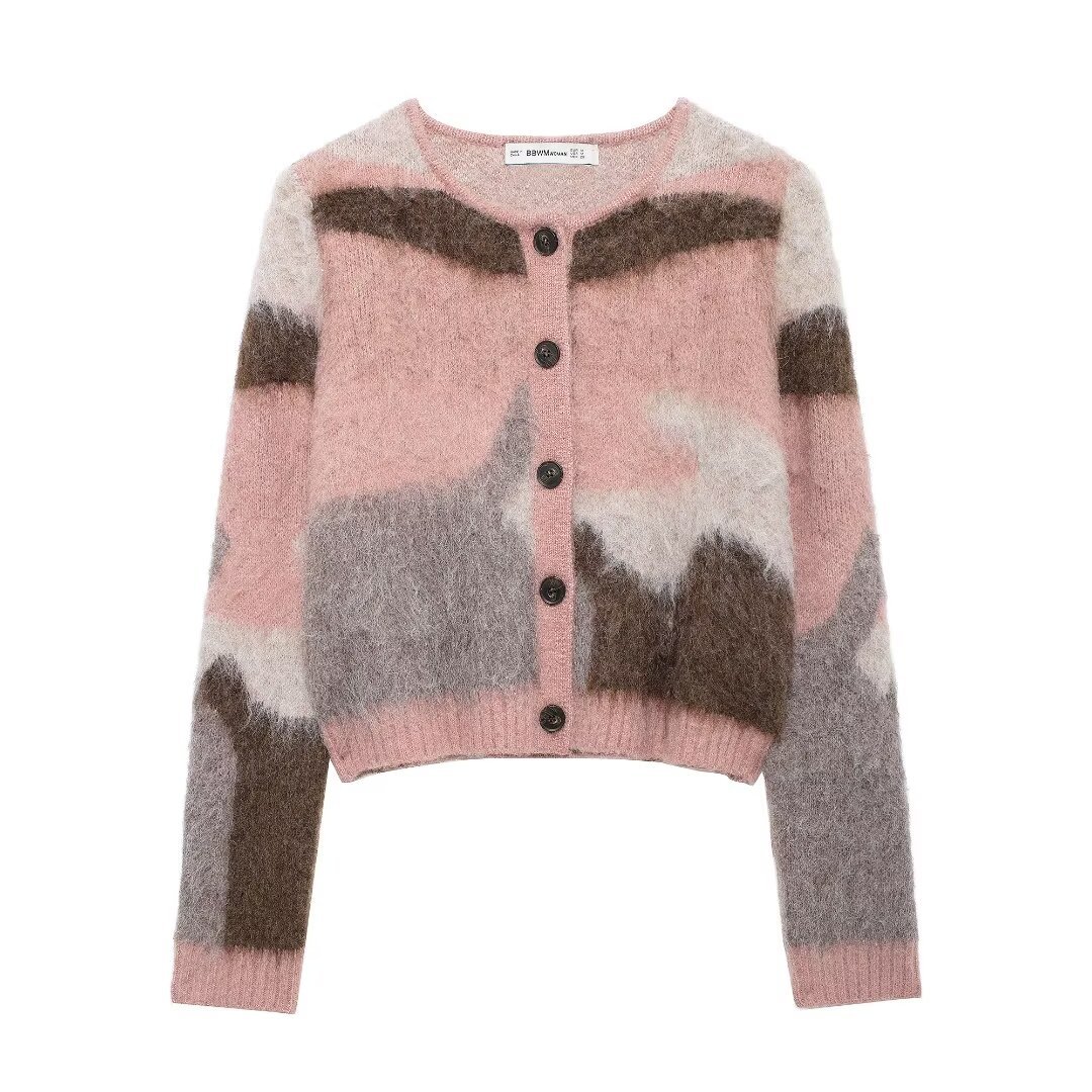 European and American Style Cross-Border Wholesale 2024 Autum New Fashion Versatile Contrasting Color Effect Long-Sleeved Knitted Jacket