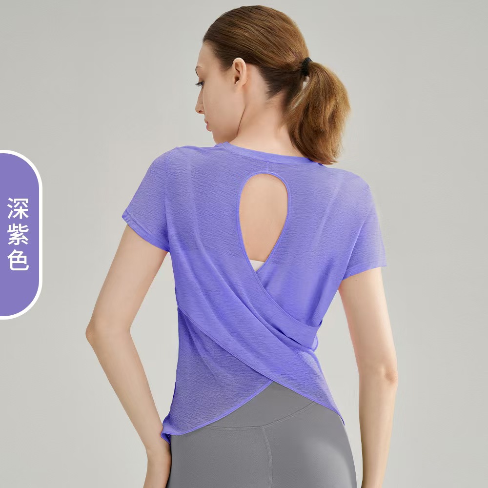 Plus Size Yoga Clothes Bamboo Yarn Loose Summer Breathable Fitness Short-Sleeved High Elastic Cut Out Beautiful Back Comfortable Sports Tops