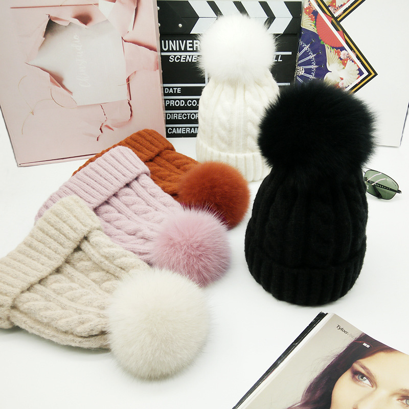 Hat Women's Autumn and Winter Fox Fur Ball Wool Cap All-match Korean Style Pullover Cap Hemp Pattern Wool Blended Knitted Hat