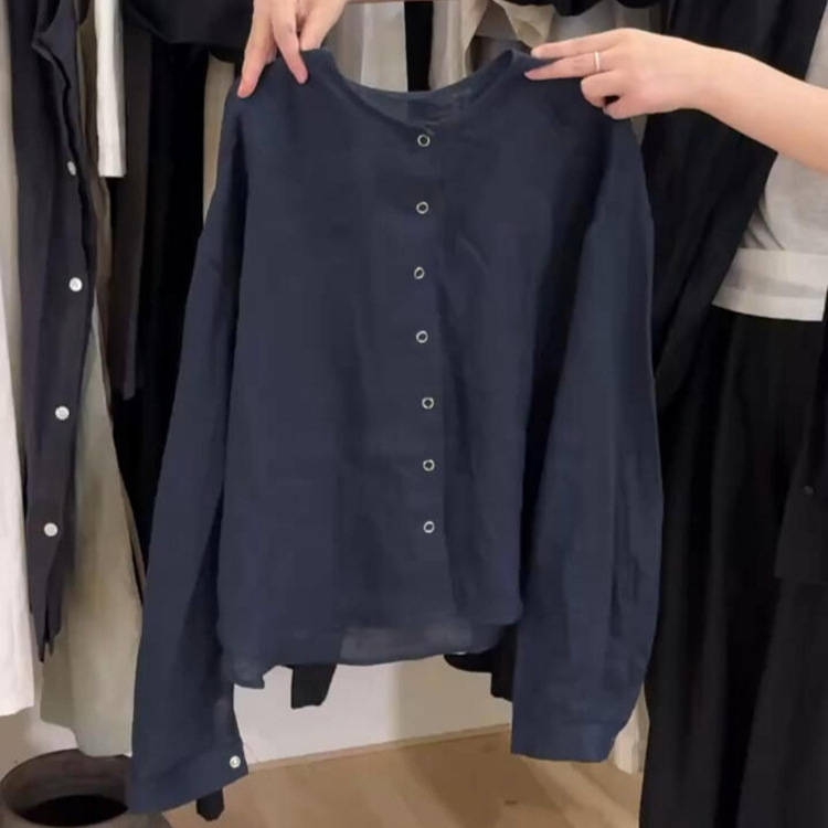 Strongly recommend! Korean Style 24 Summer Design Sense Xizang Blue Crewneck-breasted Sunscreen Top Thin Long-sleeved Shirt
