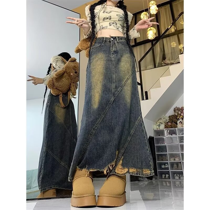 Retro Ripped Denim Skirt for Women, Spring & Fall Design, High Waist, Large Size, Slimming Look, Mid-Length, A-Line Hip-Covering Long Skirt