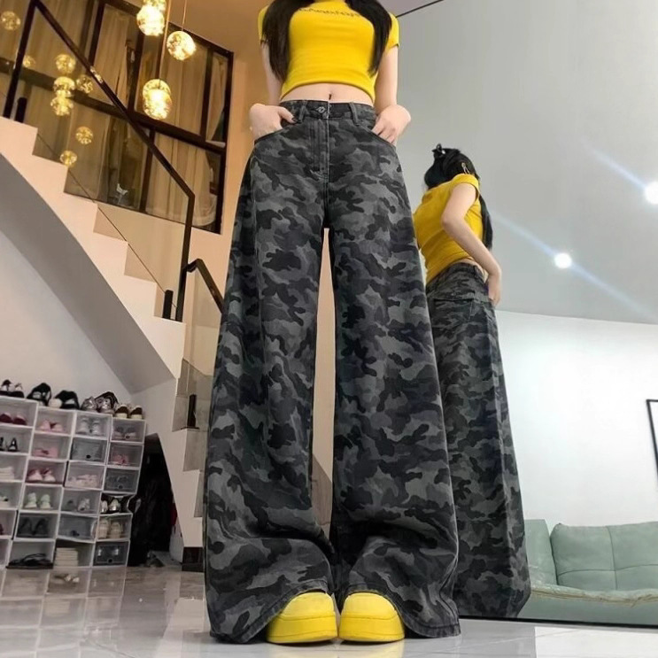 American retro camouflage cargo jeans women's spring and autumn new hot girl high-waisted loose slimming plus-size wide-leg pants