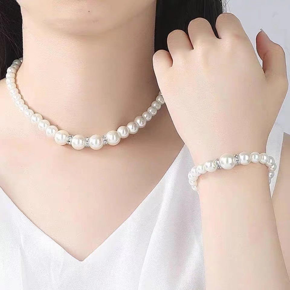 Picture of ABS pearl jewelry suit women's necklace earrings bracelet three-piece set gift for Mother beautiful wedding photo accessories