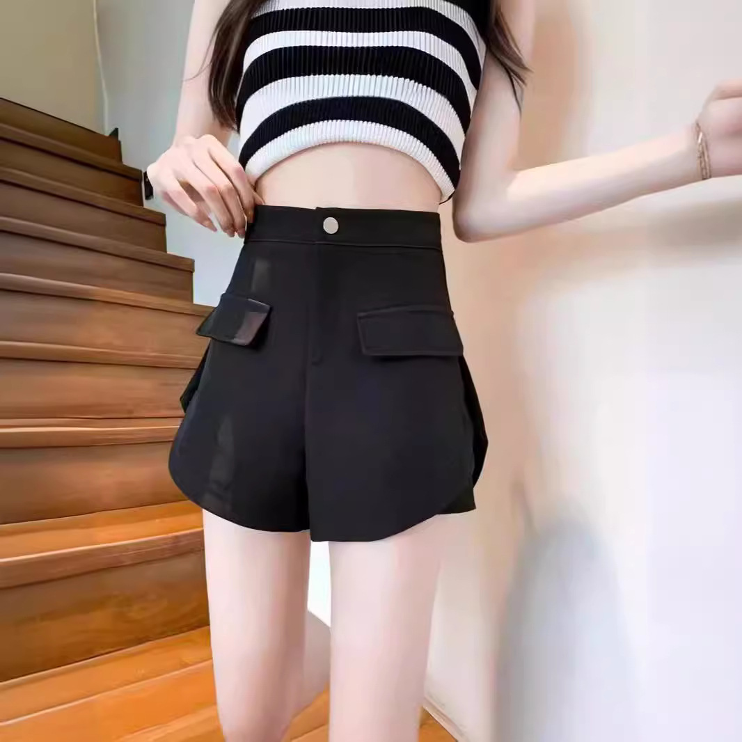 2024 Summer New Design Sense Casual Shorts Women's Fashion High Waist Spice Girl Slimming Black A- line Wide Leg Shorts