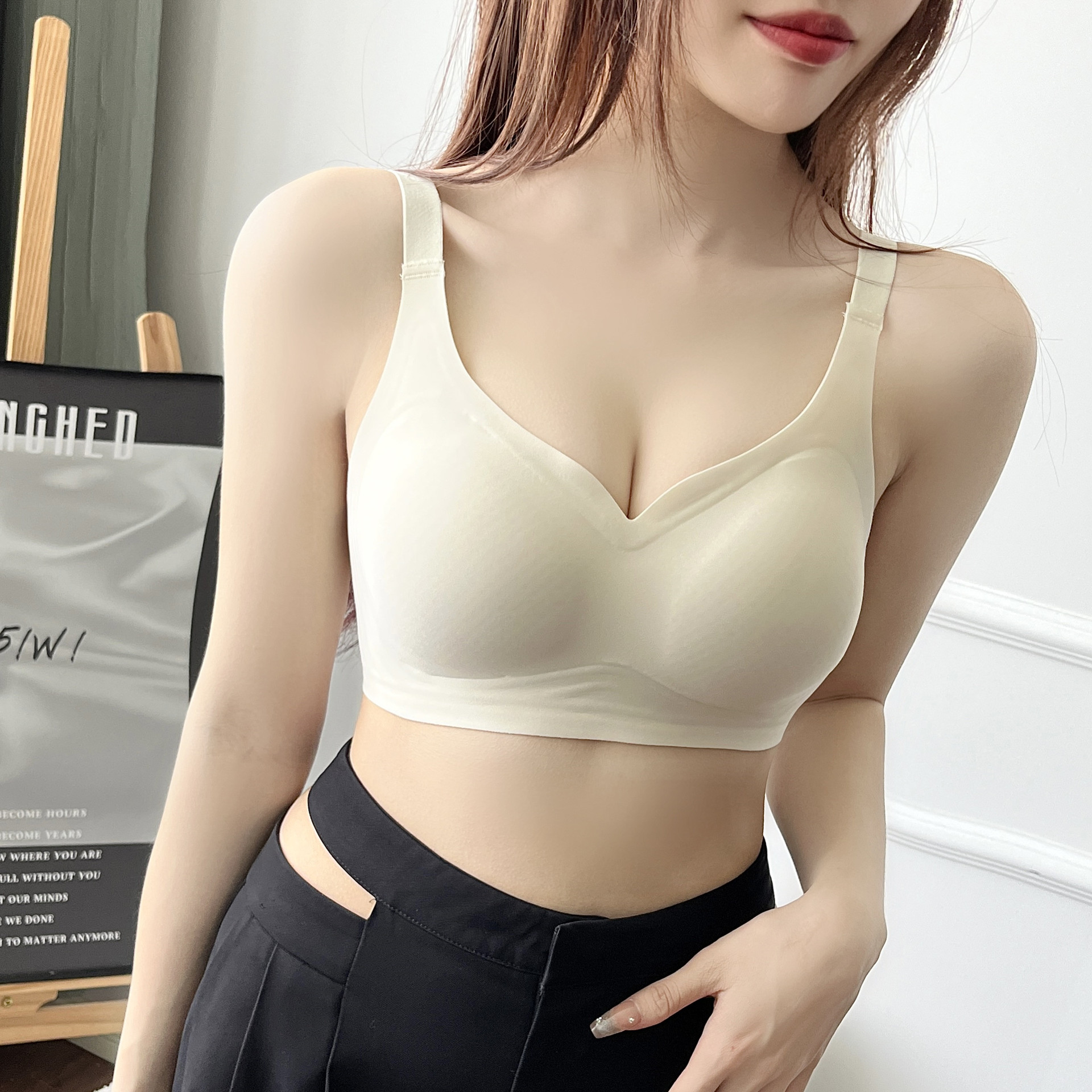 Jelly Strip Traceless Underwear Soft Support Glow Lace Bra Thin Cup Fixed Cup Fat Large Shoulder Strap Sports Bra