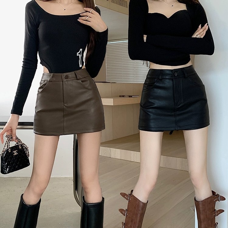 Curry color pu leather skirt skirt women's autumn and winter new high waist slimming hip wrap skirt hot girl short pants skirt anti-light