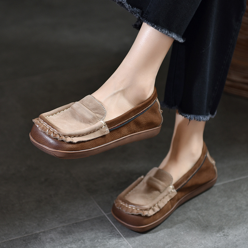 Genuine Leather Flats Square Toe Flats for Women Soft Sole 2025 Autum New Color Matching Women's Shoes Soft Cowhide Retro Low-Top Flats