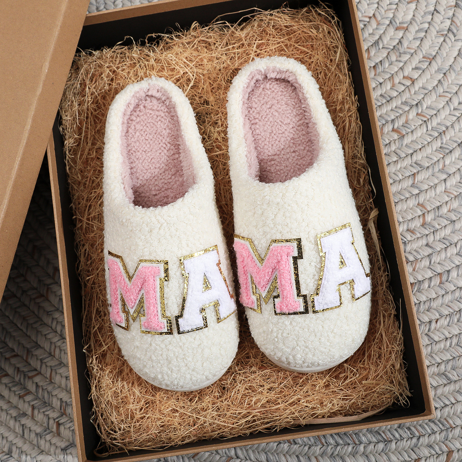 Cross-border Glitt Letters Phnom Penh MAMA Cotton Slippers Women Home Winter Plush plus size Plush Slippers Thanksgiving Gift