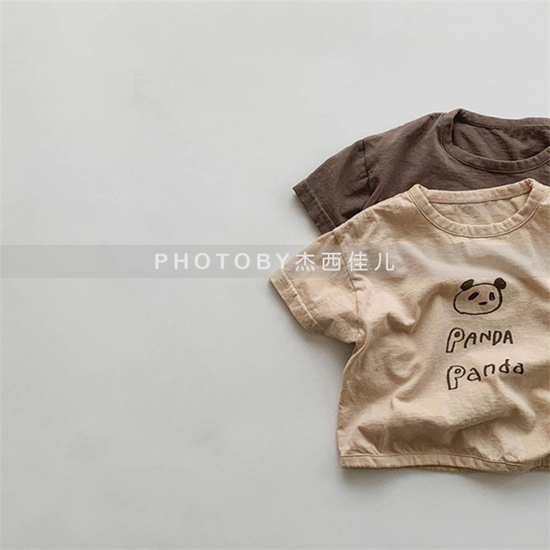 ins Children's Summer New Style Top Simple Korean Style Children's Fun Panda Letter Western Style Cotton Short-sleeved T-shirt for Boys and Girls