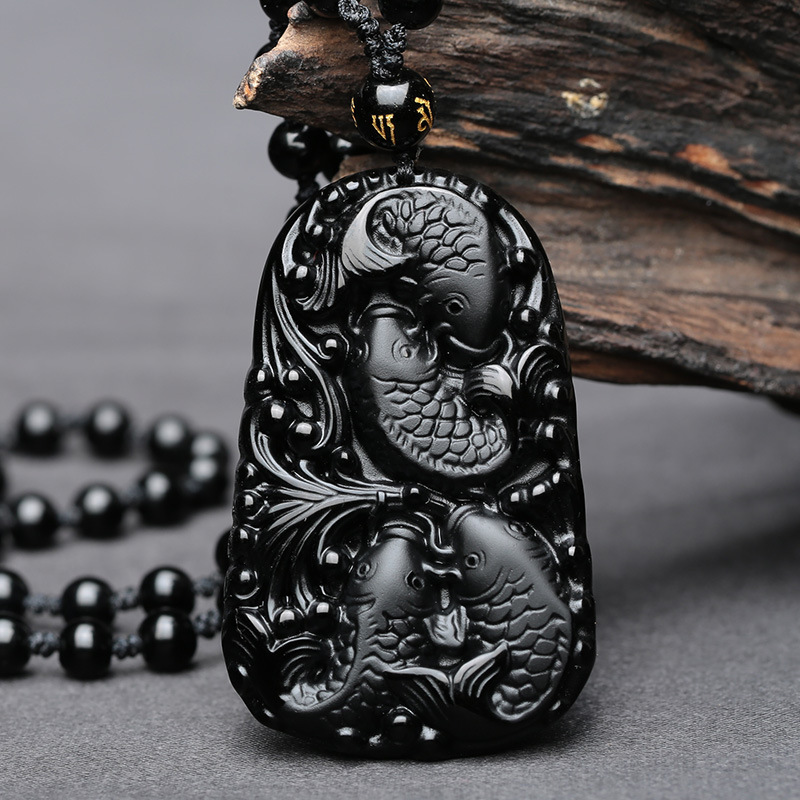Qinpei Jewelry Natural Obsidian Four Fish Pendant Four Seasons Sweater Chain Necklace Pendant Men and Women's Zodiac Year
