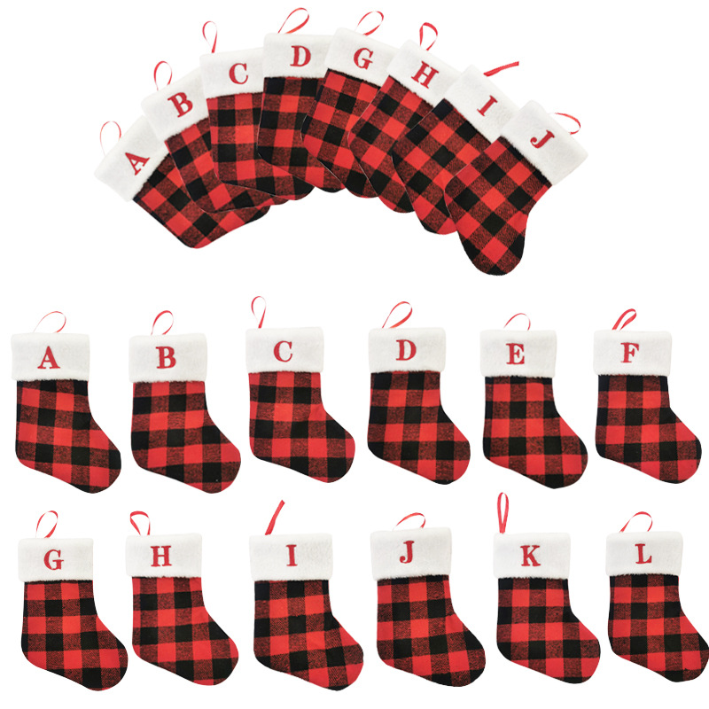 Cross-border new Christmas socks Christmas gift bag pendant red and black plaid letter socks Christmas supplies
