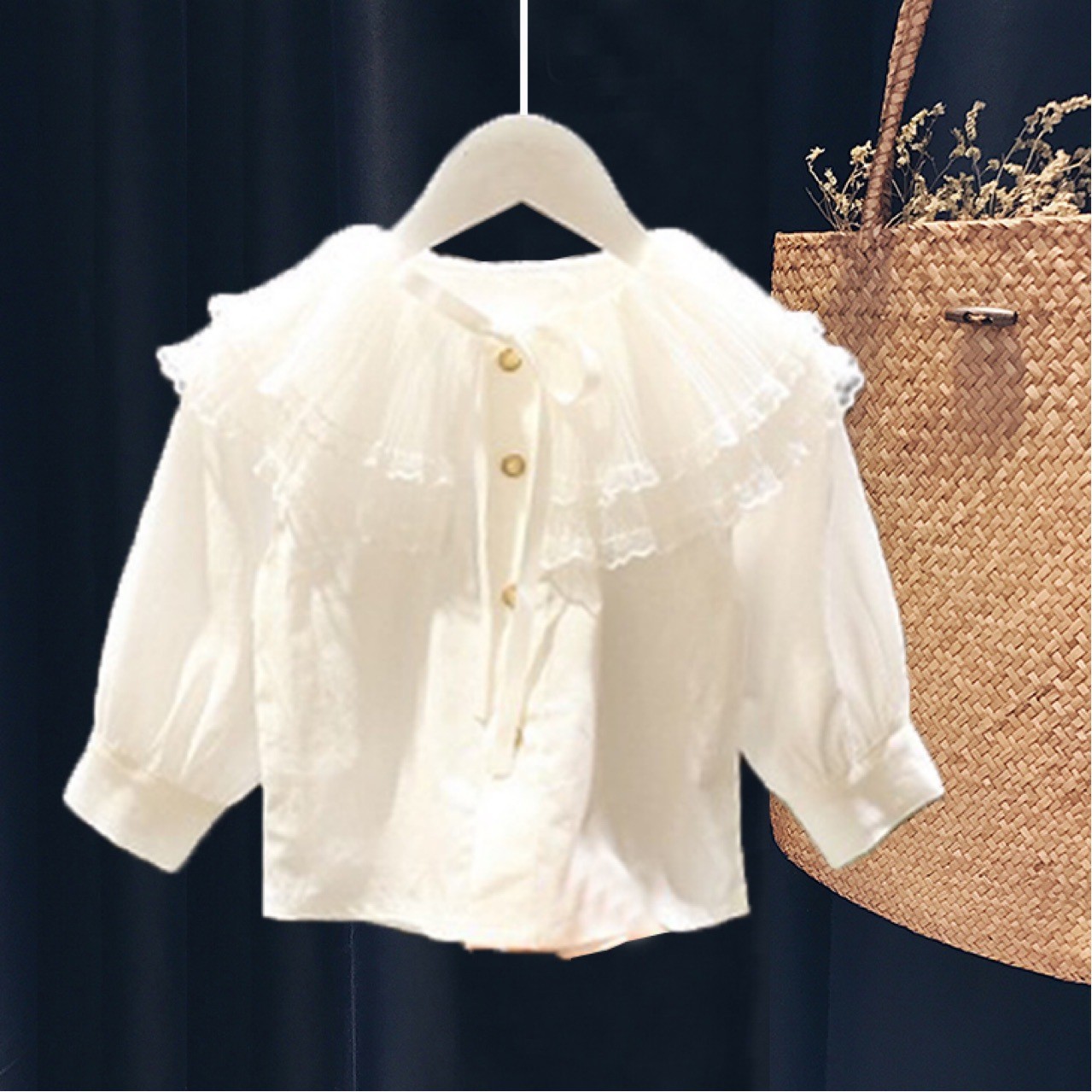 Picture of 2021 Korean Style Spring and Autumn Fashion Children's Suit Girl's Lace Collar Shirt Fishtail Strap Skirt Two-Piece Set YY64