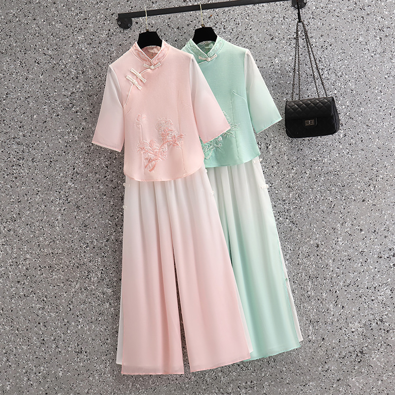 Picture of Vintage Chinese Top Set Large Size Chinese Style Seven-point Sleeve Cheongsam Peony Embroidered Gradient Pants Two-piece Set