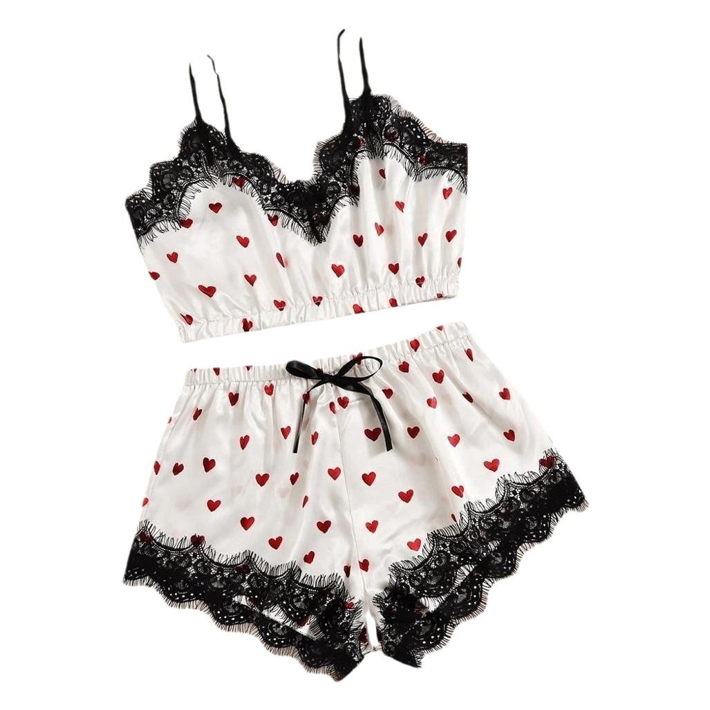 2024 New European and American Summer Pajamas Set Love Tube Top Lace Ice Silk Suspender Two-Piece Set Home Clothes Wholesale
