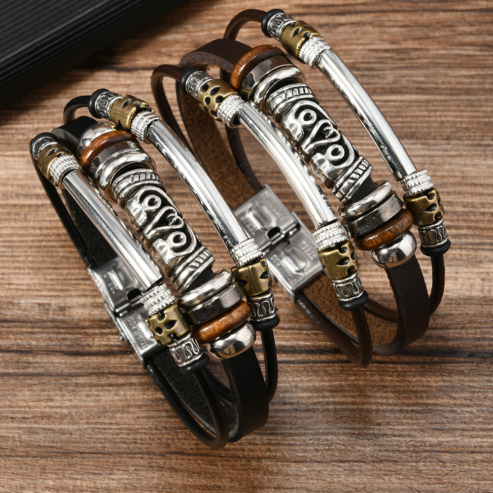 Cross-border New European and American Retro Hollow Alloy Wooden Beads Multi-layer Beaded Stainless Steel Leather Bracelet Artistic Style Jewelry