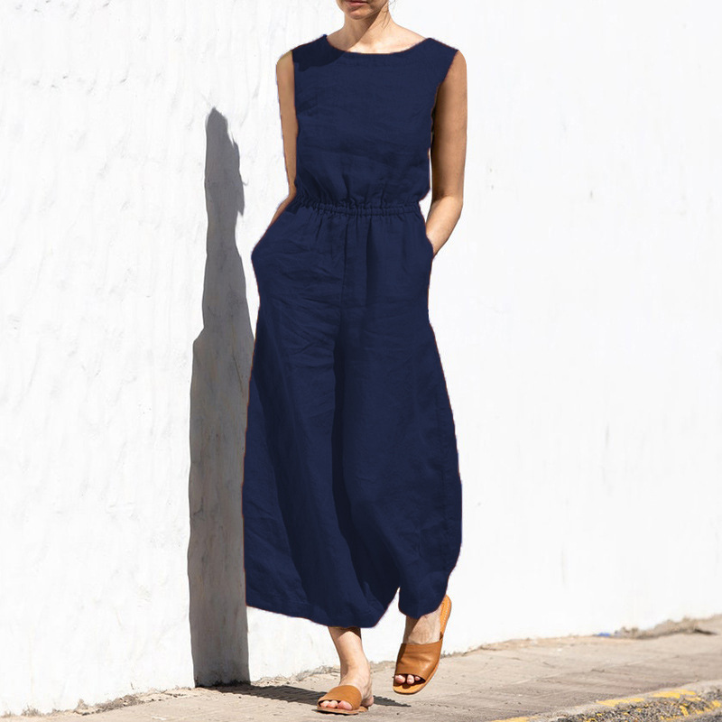 Picture of 2025 Cross-Border European and American Summer Solid Color High-Waisted Sleeveless Long Pants Women's Casual Loose Jumpsuit European and American Style