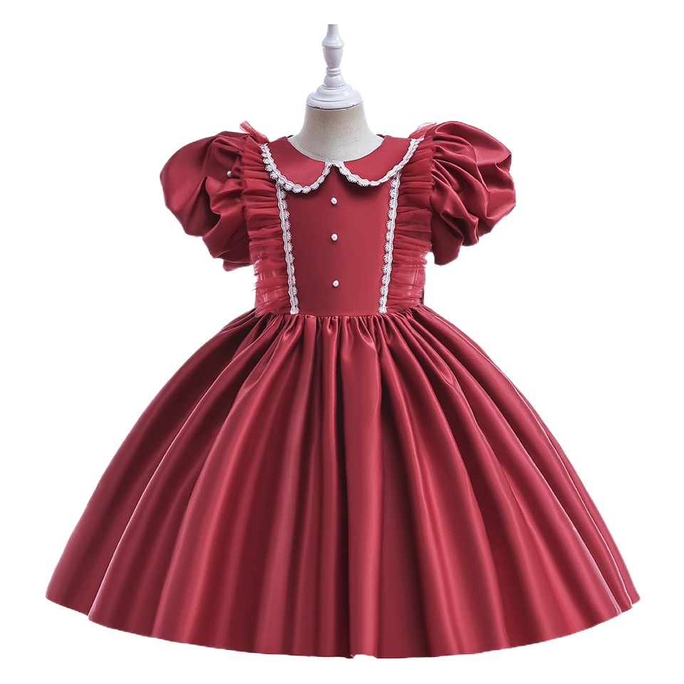 Amazon Puff Sleeve Puff Skirt Children's Dress Red Forged Flower Girl Dress Girl Piano Performance Foreign Trade Style
