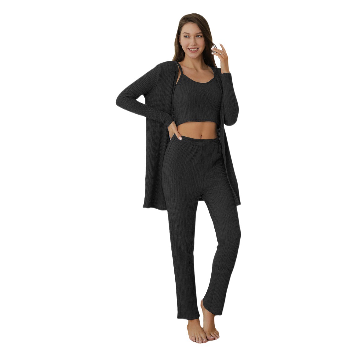 European and American Cross-border Pajamas Spring and Autumn Waffle Solid Color Navel Sling Pajama Long Sleeve Cardigan Home Clothes 3 Pieces suit