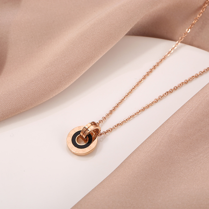 Picture of European and American Hot Double Ring Roman Numeral Ring Pendant Stainless Steel Rose Gold Couple Necklace Simple Elegant Trendy Jewelry