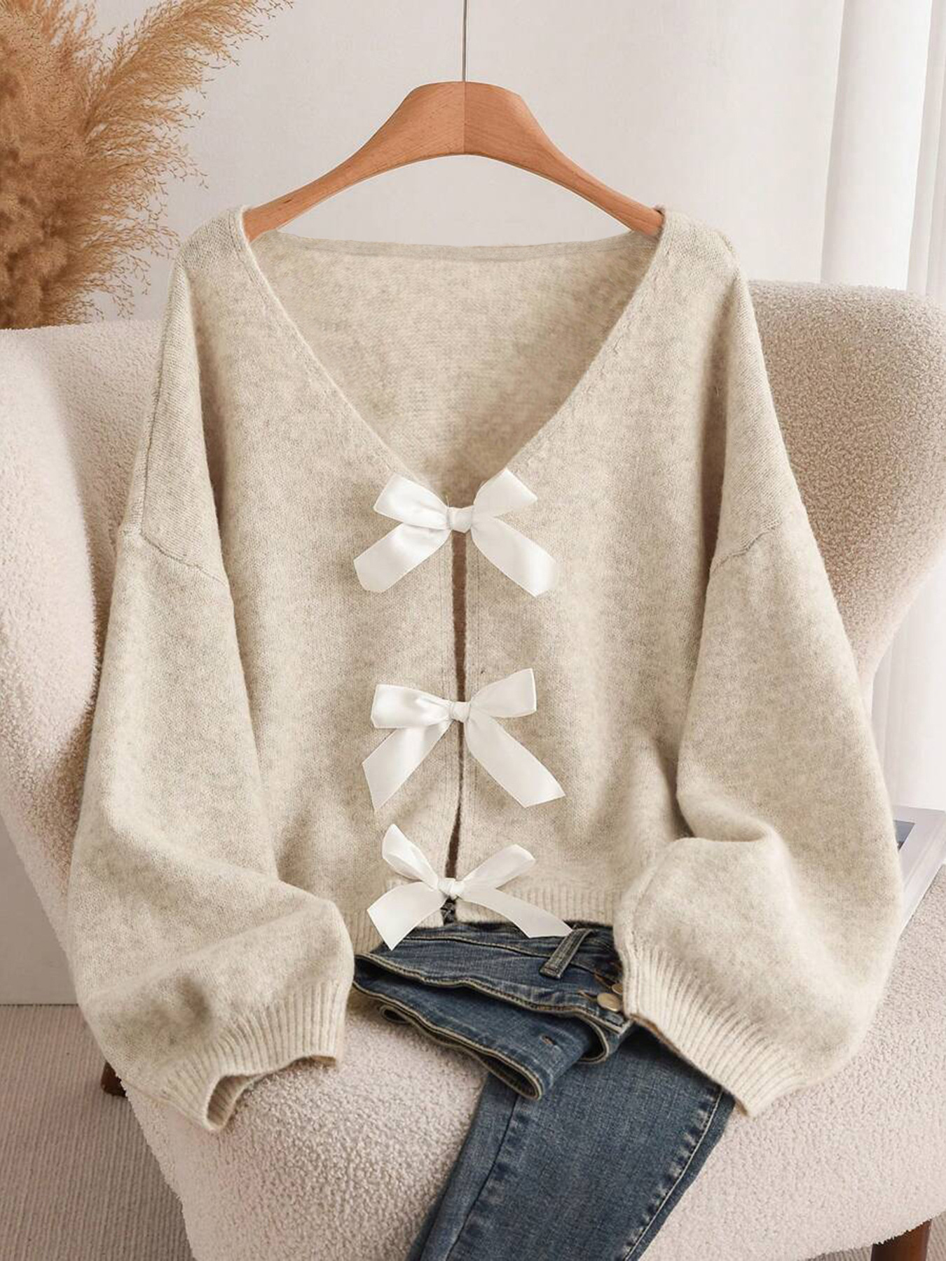 Design sense bow knit cardigan autumn and winter new loose and versatile lazy style knit sweater