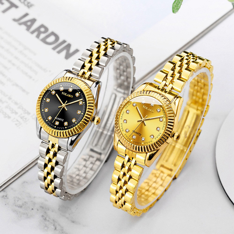 Picture of Diamond Face Steel Band Calendar Watch Women's Simple Casual Student Fashion Quartz Gold suit Men's Watch Couple