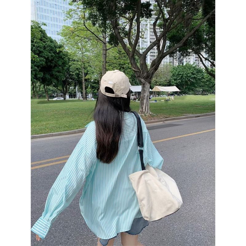 Green Long Sleeve Striped Shirt Women's Spring and Summer 2025 New Cardigan Sunscreen Shirt Coat Loose Bf Top