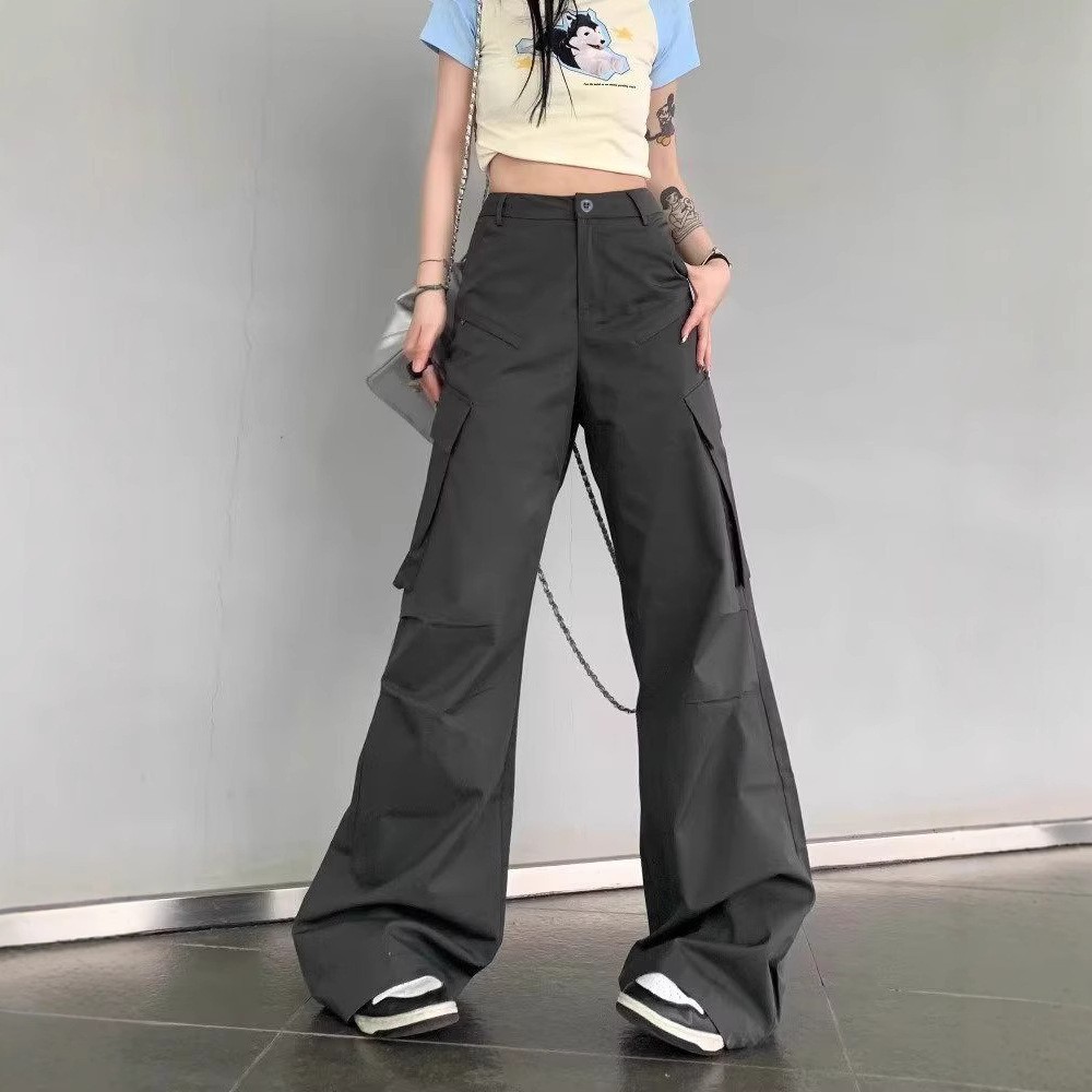 Dark Gray American Hot Girl High-Waisted Micro-Flared Cargo Pants for Women 2025 Design Slimming Look Loose Casual Pants