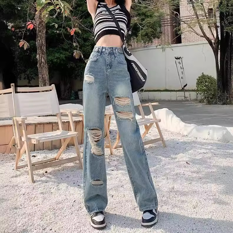 Vintage Ripped Wide-leg Jeans Women's 2024 Summer New Loose Casual All-match High Waist Slimming Straight Pants