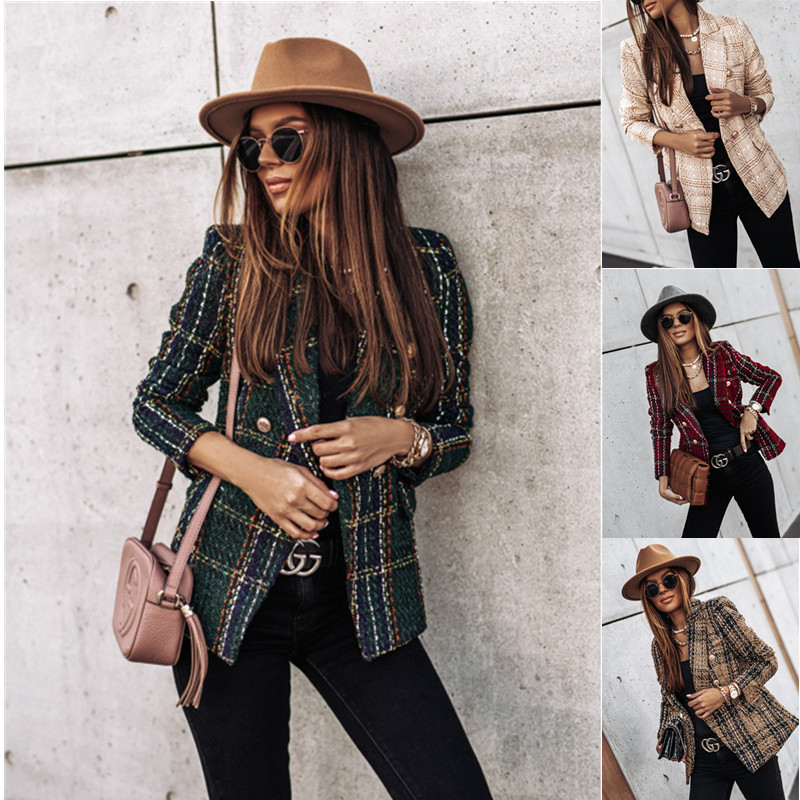 2023 European and American Autumn and Winter New Cross-Border Women's Popular Suit Long-Sleeved Double-Breasted Printed Suit Small Outwear Top