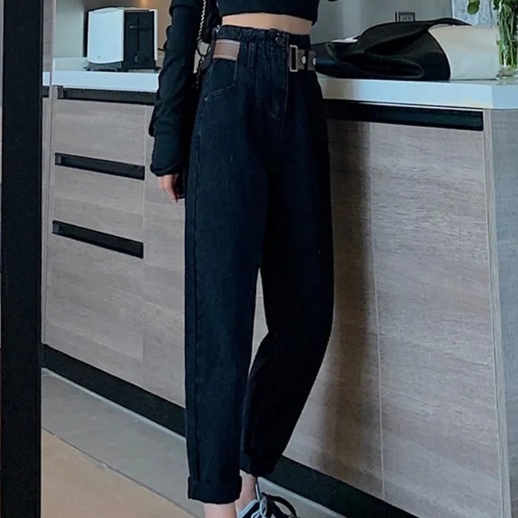 Korean Style Loose Straight High Waist Denim Harlan Pants Women's Autumn Fashion Design Sense Stitching Belt Wide Leg Dad Pants