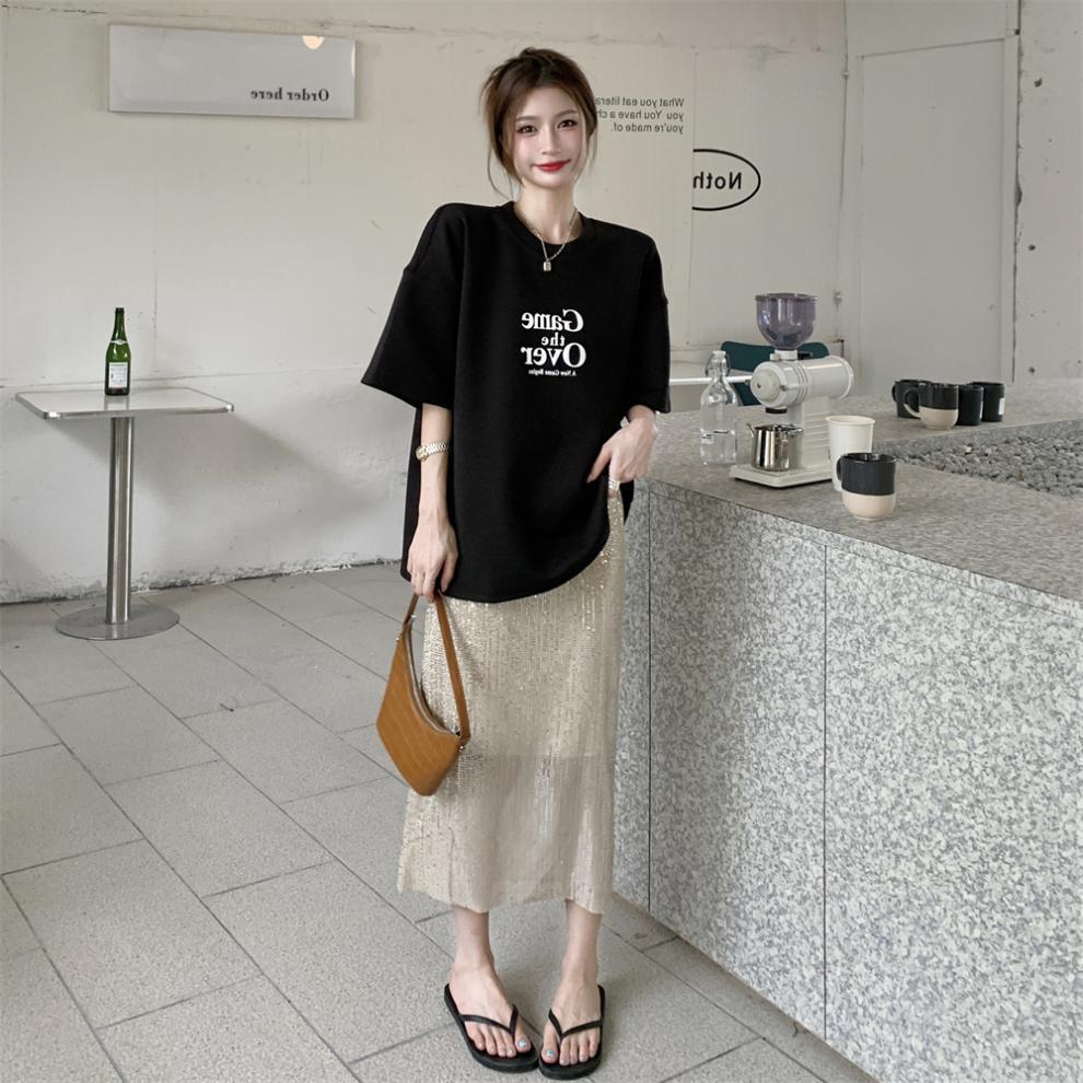 Sequin Glitter Elastic Elastic High Waist Skirt 2024 Spring and Summer Hidden Flesh Slimming Look Long Leg Slit Skirt