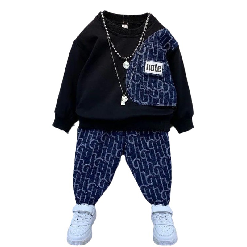 Boys' autumn long-sleeved sweater sweatpants sports two-piece set 2023 new children's stitching casual two-piece suit fashion