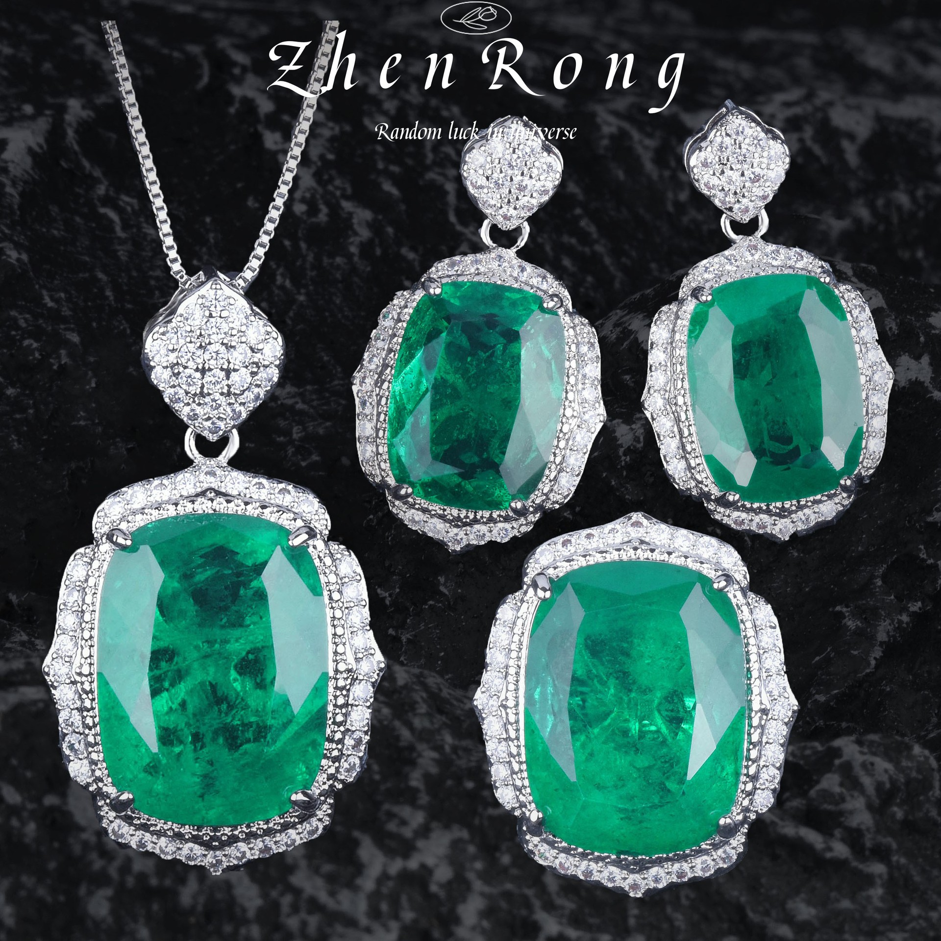 Fashion Vintage Luxury with Cotton Emerald suit Light Luxury Pendant Necklace Caibao Earrings Green Diamond Loose Ring for Women