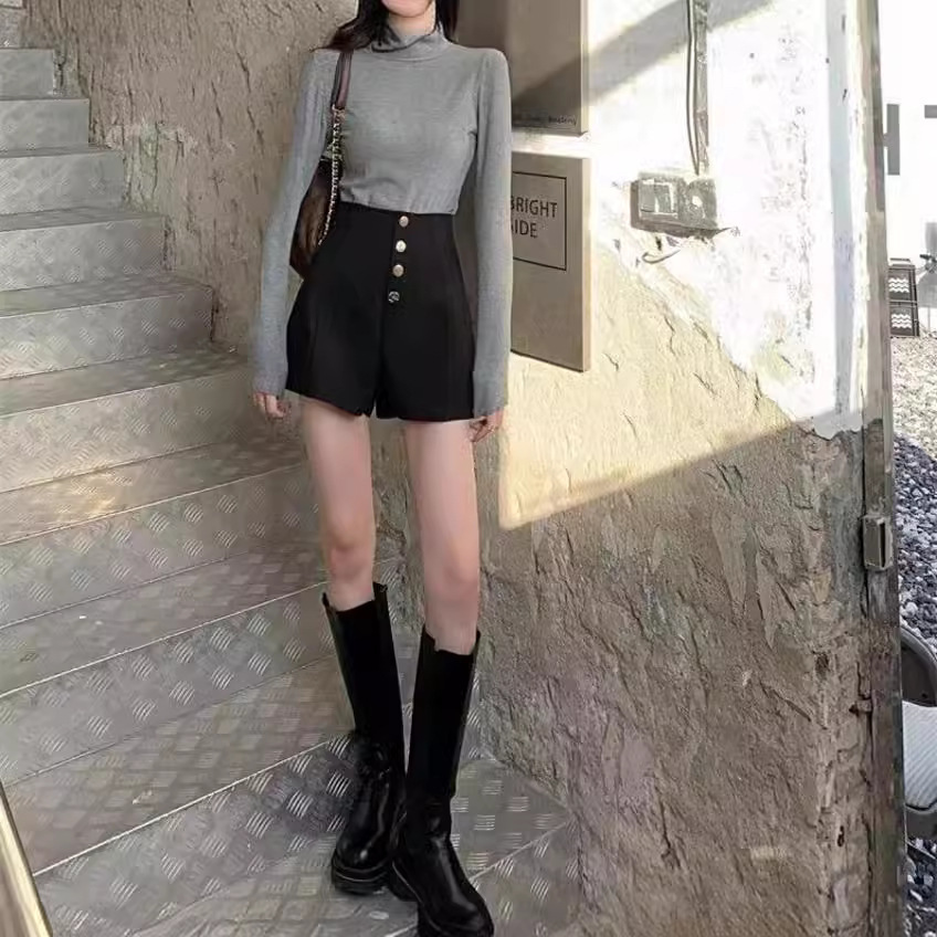 Comfortable All-match Black Shorts Women's Summer New plus size mm Wide Pants High Waist Single-breasted A- line Casual Hot Pants