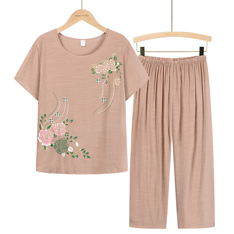 Picture of Middle-aged and elderly women's summer two-piece mother's 70-year-old grandmother's short-sleeved T-shirt jacket set Old Lady's pajamas