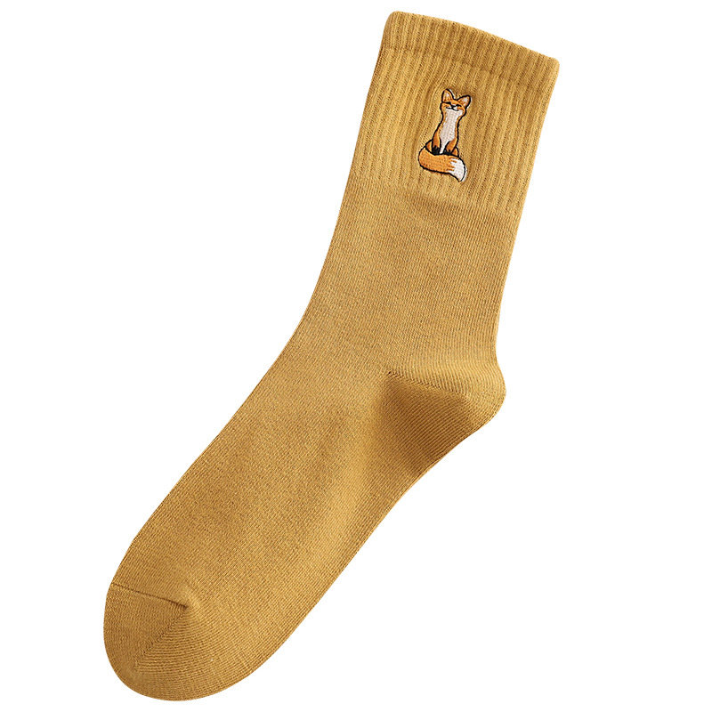 Picture of Good-Looking Socks for Women, Autumn and Winter Mid-Calf Solid Color Cotton Socks with Embroidered Fox, Sweat-Absorbent Women's Long Socks, Zhuji Women's Socks Wholesale