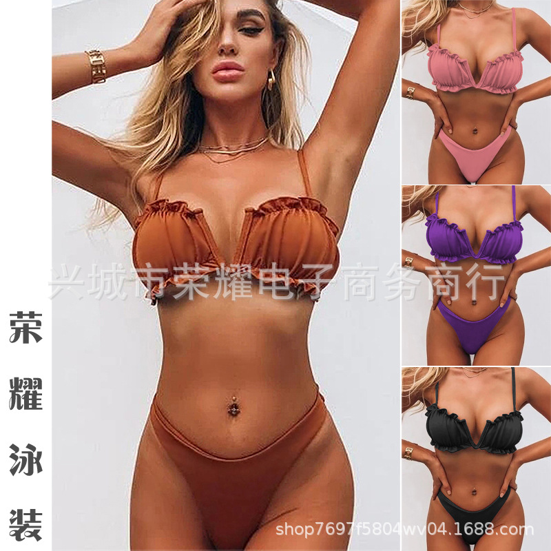 2024 Cross-border New European and American Women's Swimsuit Split Pleated Multicolor Swimsuit Backless Sexy Bikini Bikini