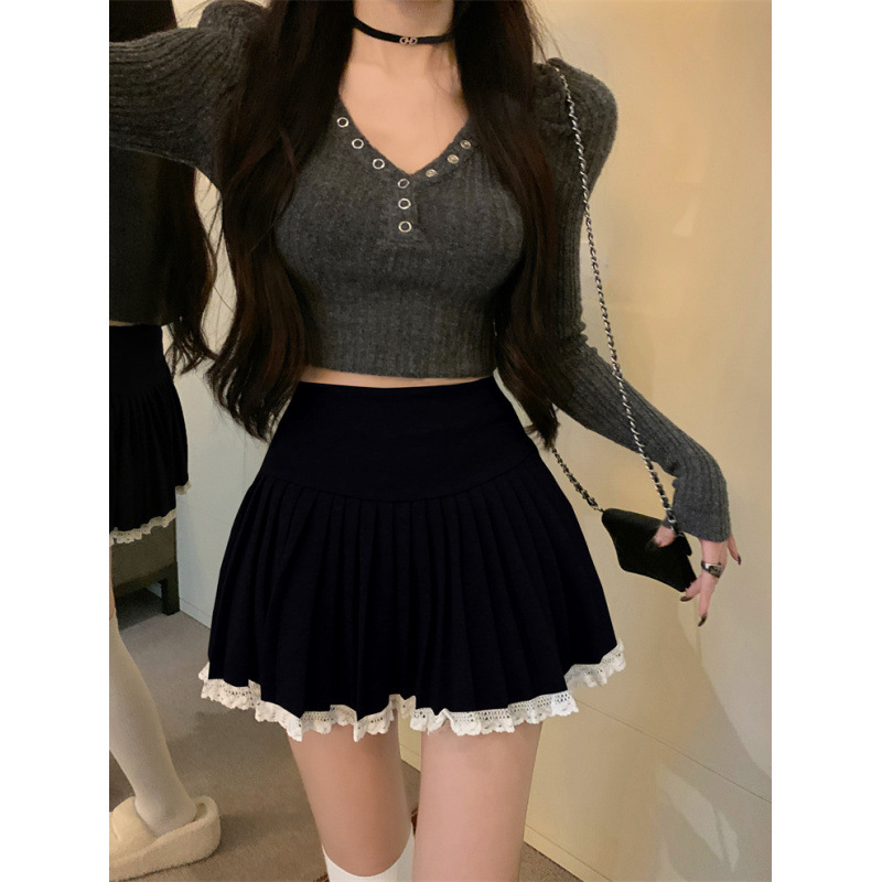 Spice Girls Woolen Skirt Women's Autumn and Winter New High Waist Slimming Black Pleated Skirt Anti-glare Elegant All-match Short Skirt