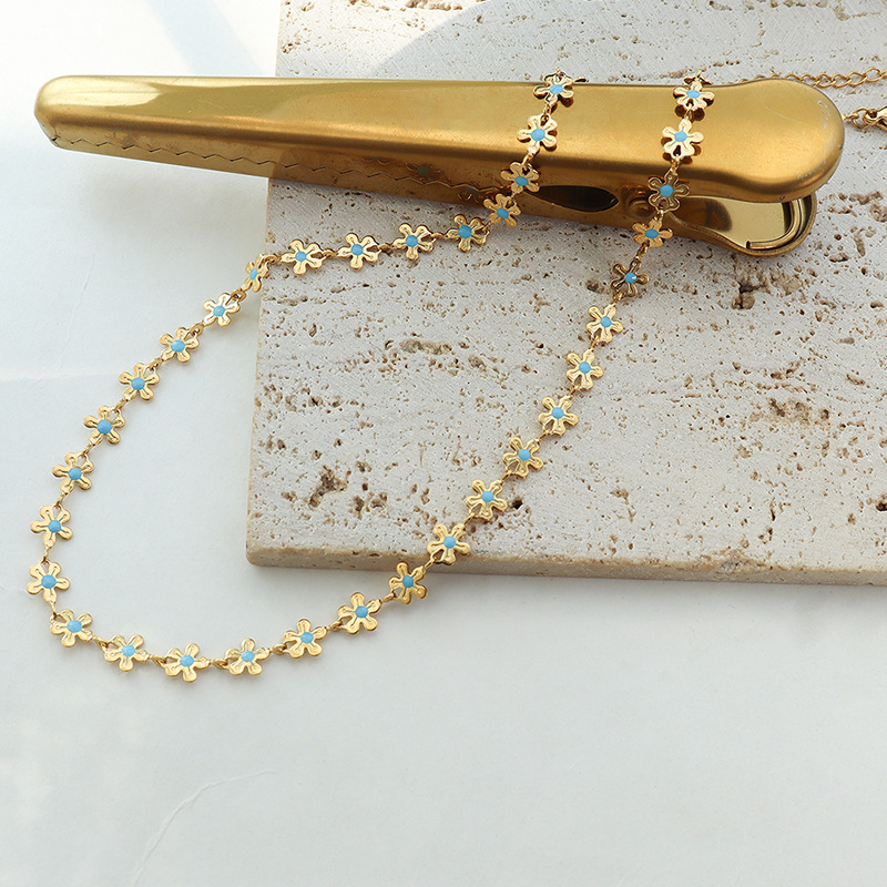 Picture of Ins European and American Personalized Gold Flower Blue Oil Dripping Necklace Titanium Steel Plated 18K Real Gold Bracelet Set Non-Fading Jewelry