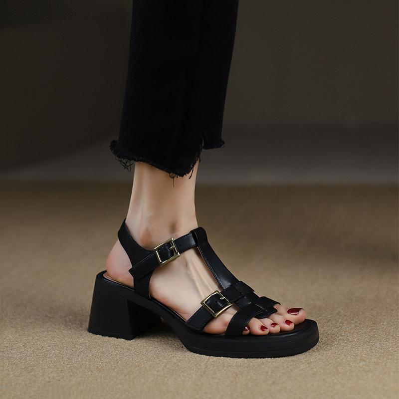 Roman Shoes Women's T-Shaped Buckle Waterproof Platform 2025 Summer Open-Toe Thick-Soled Sandals Versatile Thick-Heeled Retro High Heels