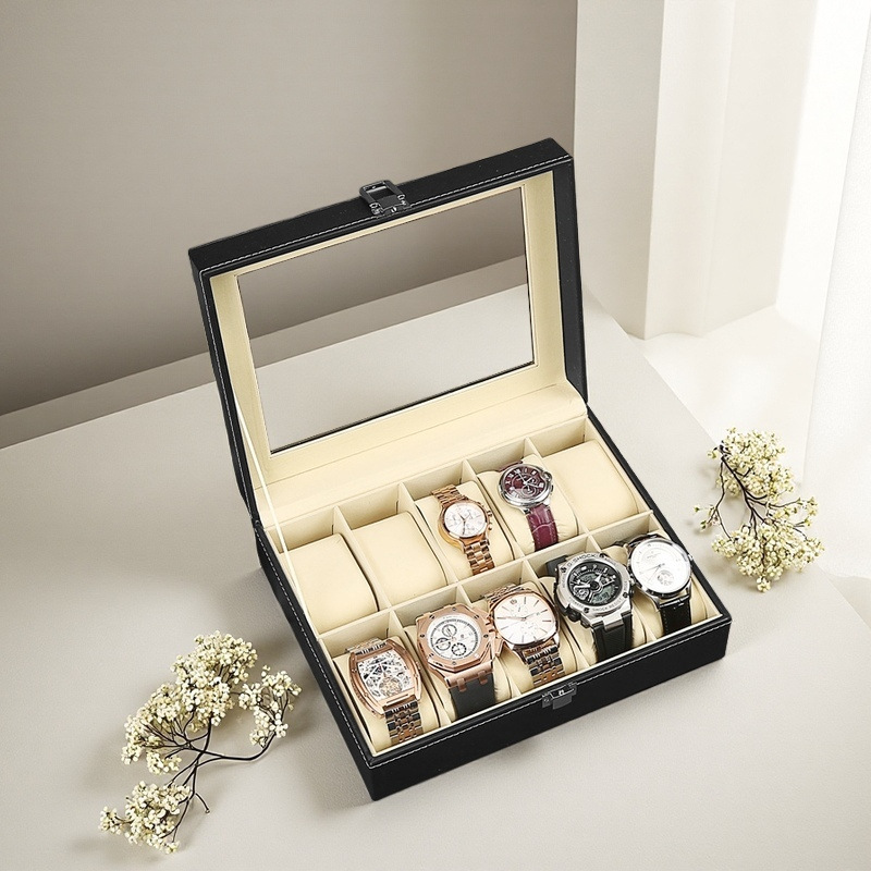 Picture of High-grade leather 10-position watch box mechanical watch storage display box high-permeability glass cover counter watch box cross-border