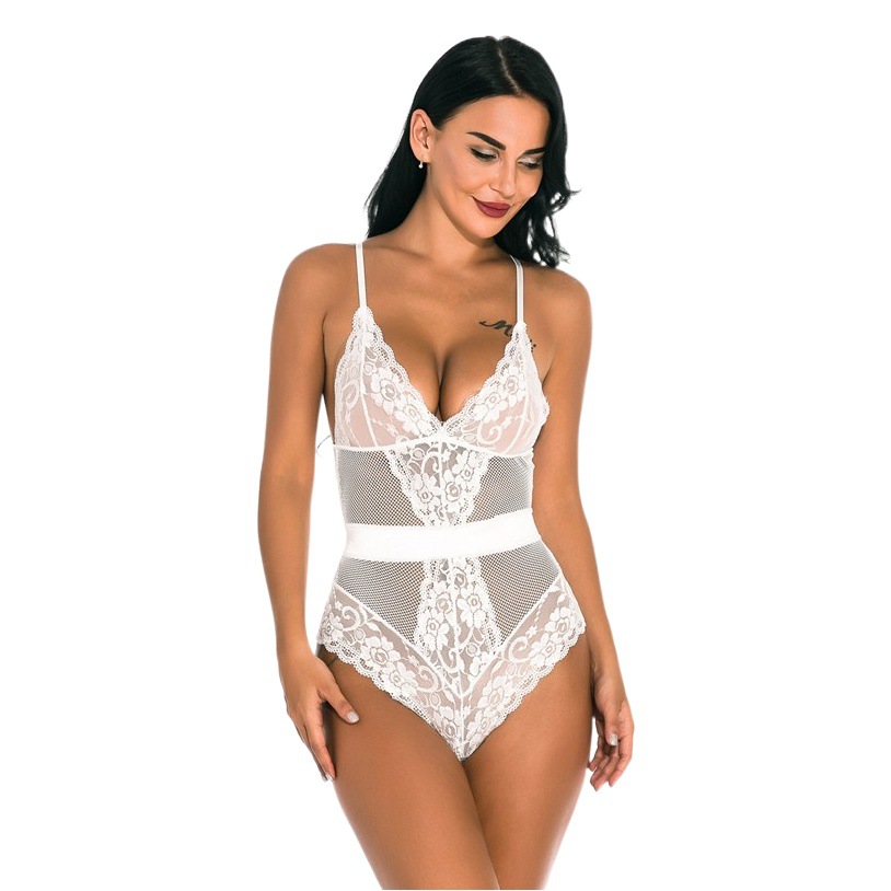 Independent Station Cross-border European and American Women's Lace Stitching Waist Deep V Low-cut Sexy One-piece Underwear teddy